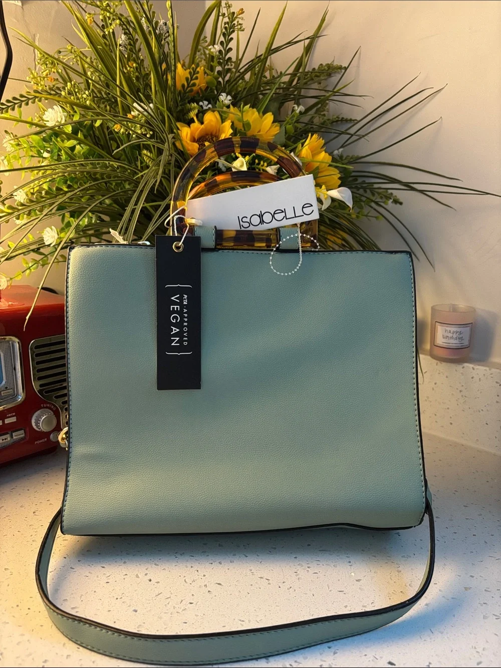 Isabelle Vegan Mint Green Purse with Tortoiseshell Handles
